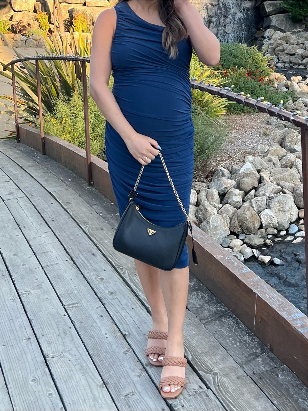 One-Shoulder Navy Ruched Midi Dress